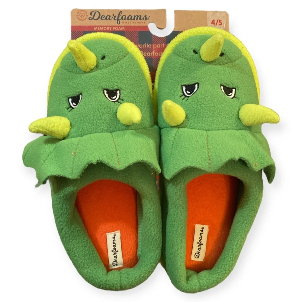 Dearfoams 🦖Triceratops🦖 Kids Sz 4-5 Peyton Animal Clog Slipper Retro Green